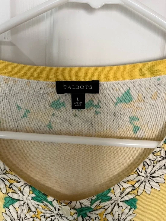 Talbots SzL Yellow Cotton Blend Cardigan with White Daisy Trim and Green Accents - Picture 2 of 6